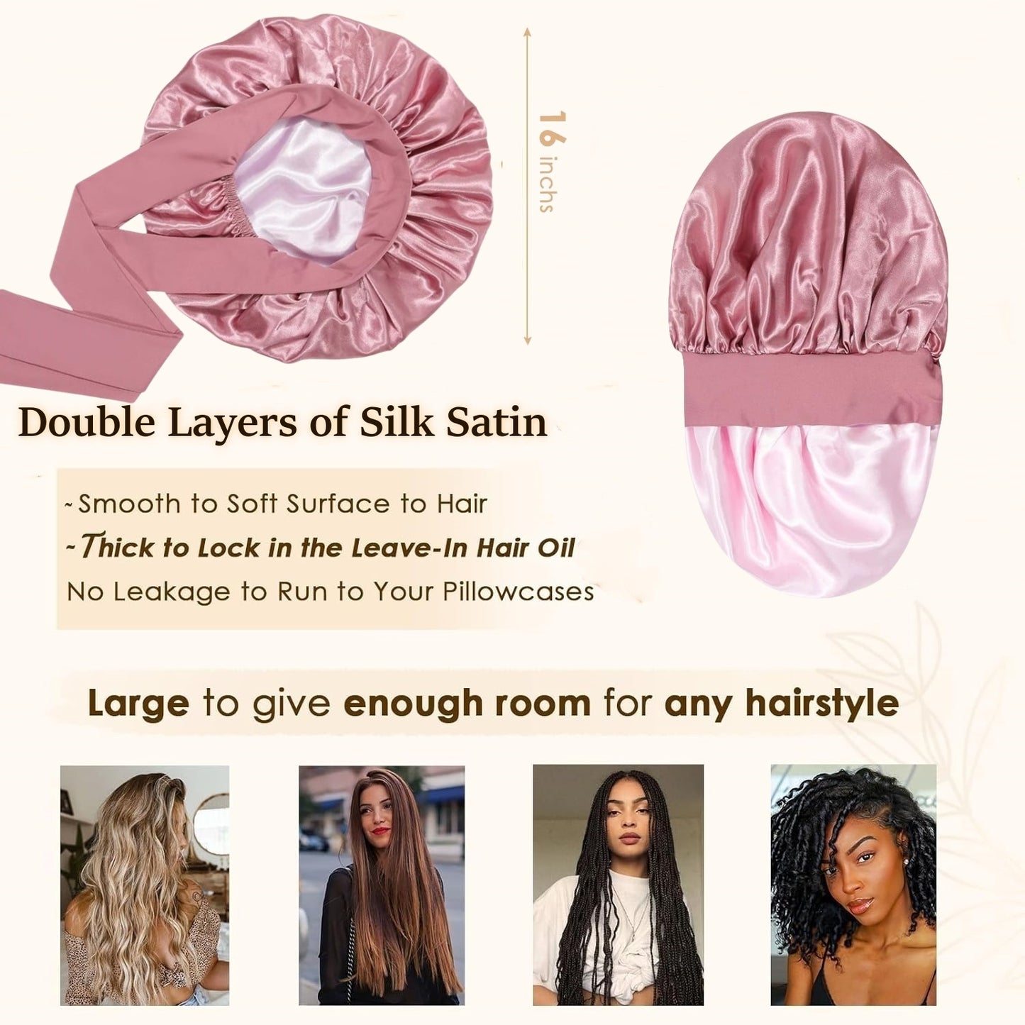 Satin Bonnet for Women Silk Bonnets for Sleeping Curly Hair Bonnet with Tie Band Double Layer Sleep Cap Hair Wrap