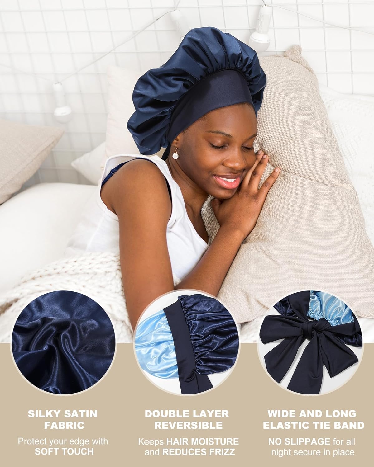 Satin Bonnet for Women Silk Bonnets for Sleeping Curly Hair Bonnet with Tie Band Double Layer Sleep Cap Hair Wrap