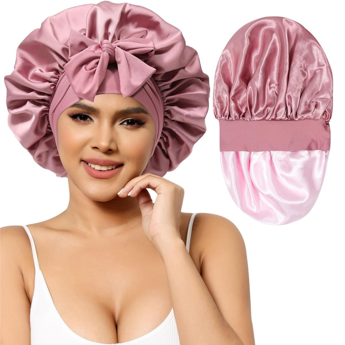 Satin Bonnet for Women Silk Bonnets for Sleeping Curly Hair Bonnet with Tie Band Double Layer Sleep Cap Hair Wrap