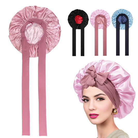 Satin Bonnet for Women Silk Bonnets for Sleeping Curly Hair Bonnet with Tie Band Double Layer Sleep Cap Hair Wrap