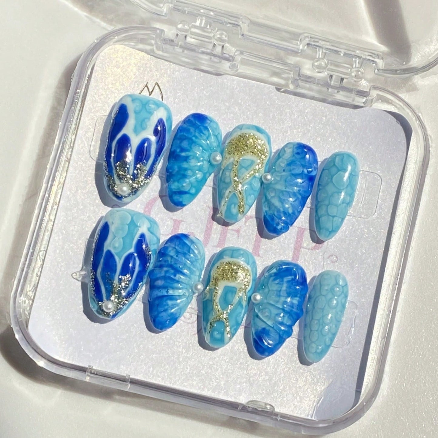 10pcs Handmade Press On Nails Hand Painted Blue Ocean-Inspired Gradient Design Wearable Art Nails