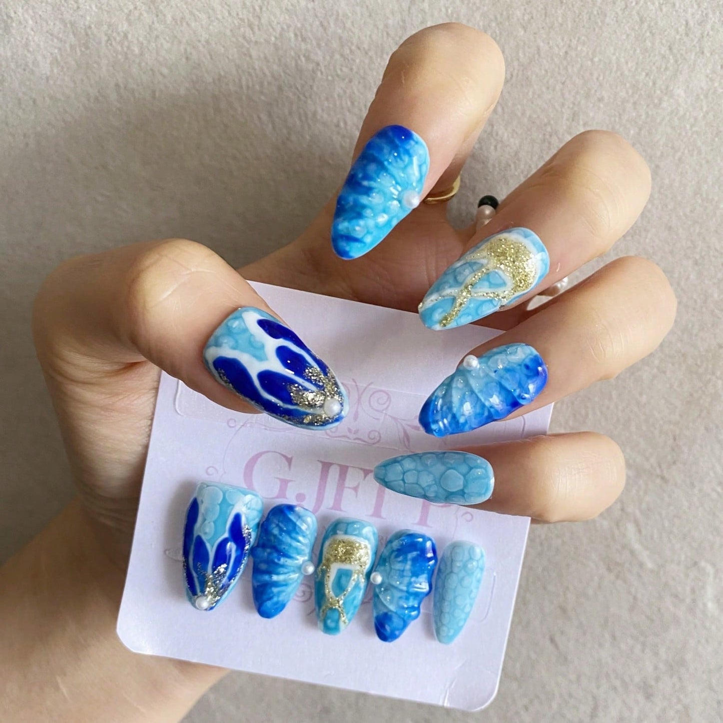10pcs Handmade Press On Nails Hand Painted Blue Ocean-Inspired Gradient Design Wearable Art Nails