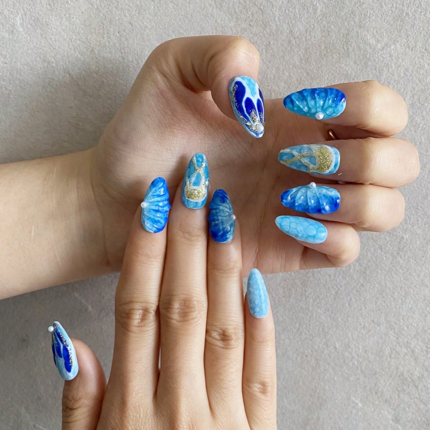 10pcs Handmade Press On Nails Hand Painted Blue Ocean-Inspired Gradient Design Wearable Art Nails