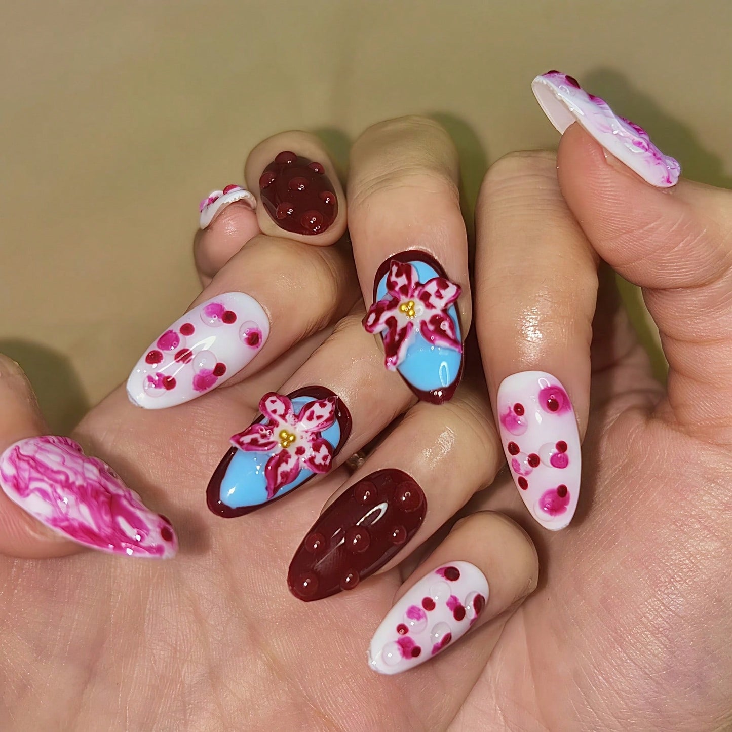 10pcs Pure Handmade Nails 3D Nails Aura Press On Nails Fall Nails 3D Flower Nails Maillard Coffee Brown Autumn Winter Nails Stiletto Press On Nails False Nails For Girl Women