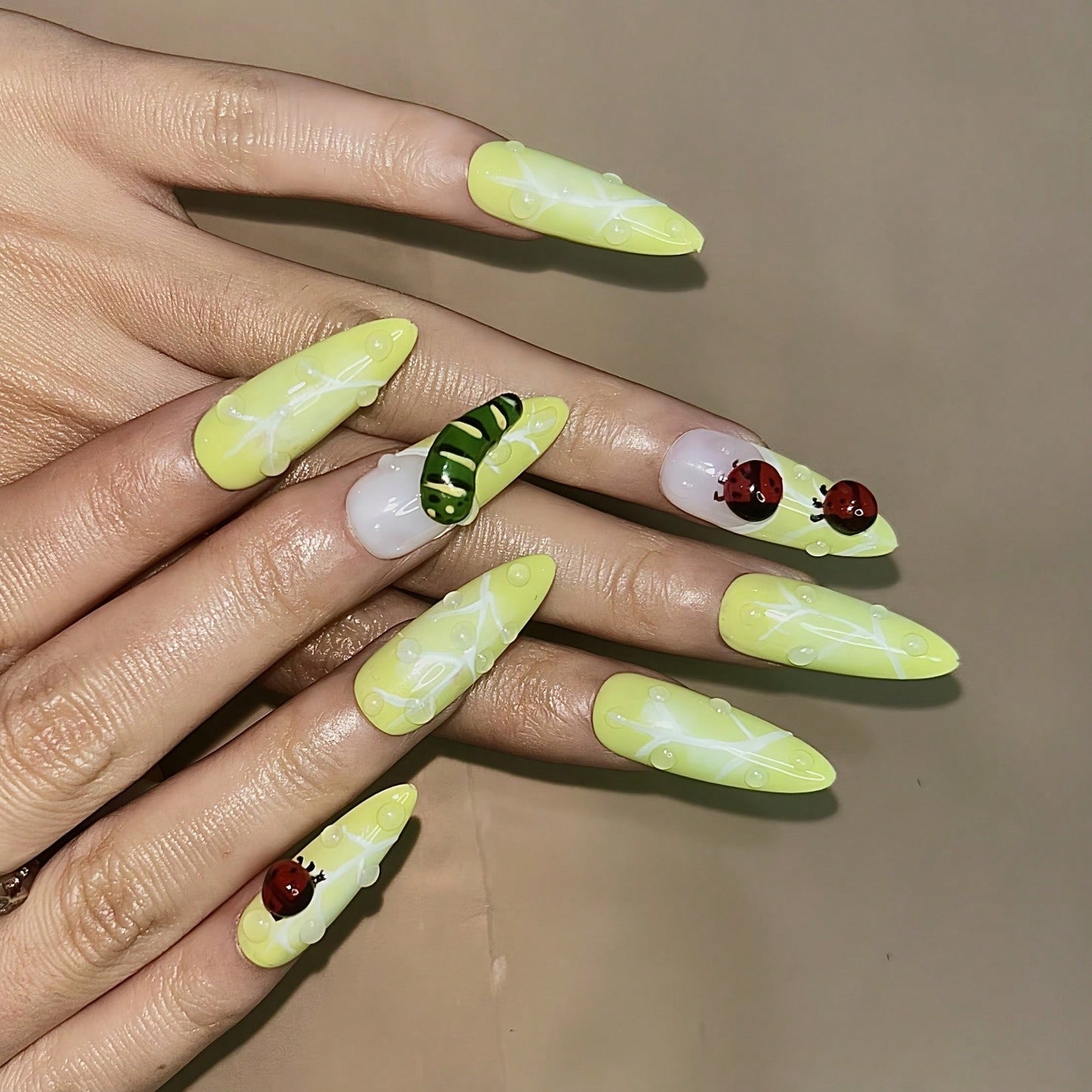 10 Pieces Handmade Press-On Nails – Exquisite Craftsmanship With Raised Flowers, 3D Beetle And Caterpillar Designs, Droplet Shapes, And Textured Lines – Green And White Color Matching – Cute Summer & Autumn Nail Set For Daily Wear, Vacations, Parties, Ban