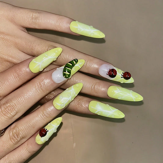 10 Pieces Handmade Press-On Nails – Exquisite Craftsmanship With Raised Flowers, 3D Beetle And Caterpillar Designs, Droplet Shapes, And Textured Lines – Green And White Color Matching – Cute Summer & Autumn Nail Set For Daily Wear, Vacations, Parties, Ban