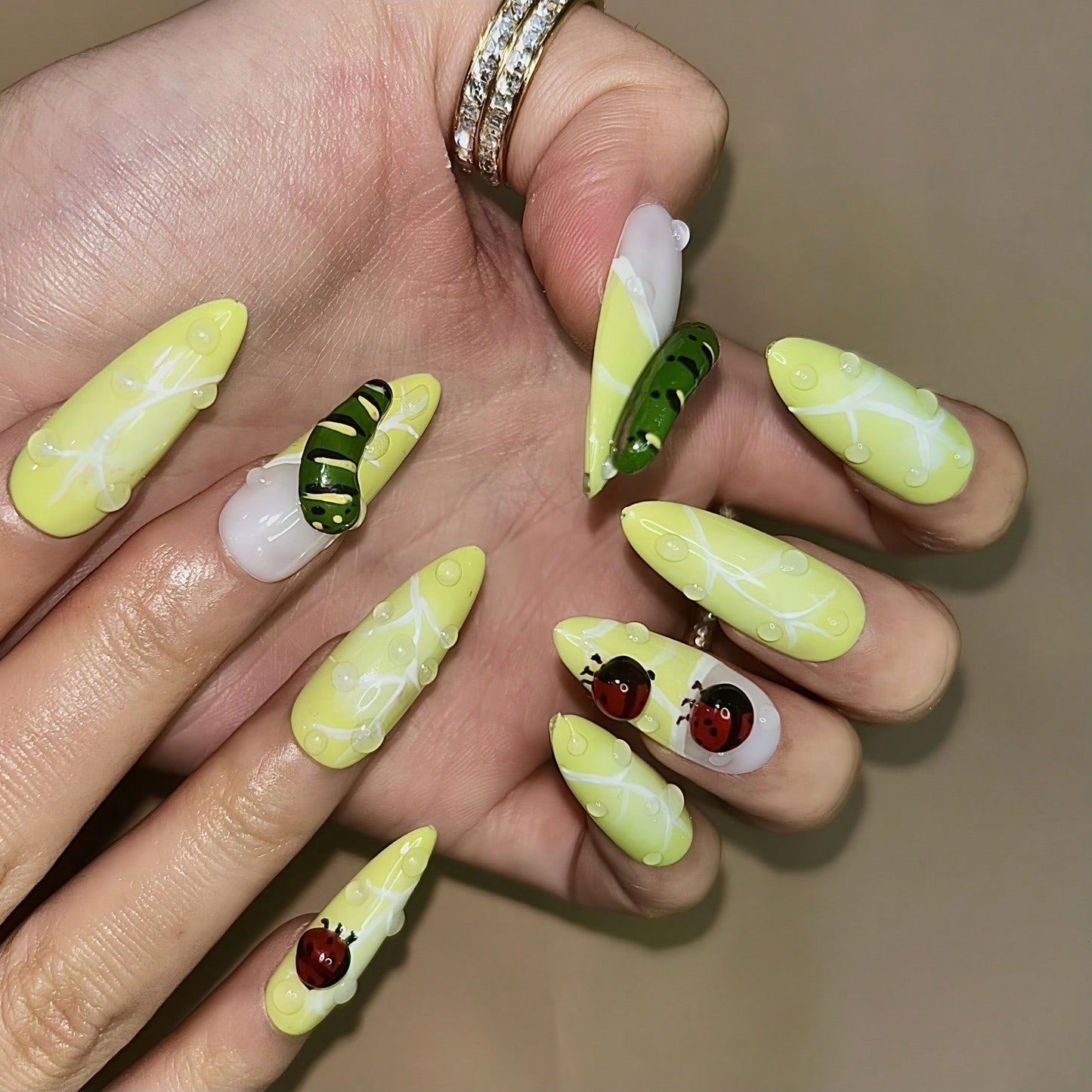 10 Pieces Handmade Press-On Nails – Exquisite Craftsmanship With Raised Flowers, 3D Beetle And Caterpillar Designs, Droplet Shapes, And Textured Lines – Green And White Color Matching – Cute Summer & Autumn Nail Set For Daily Wear, Vacations, Parties, Ban