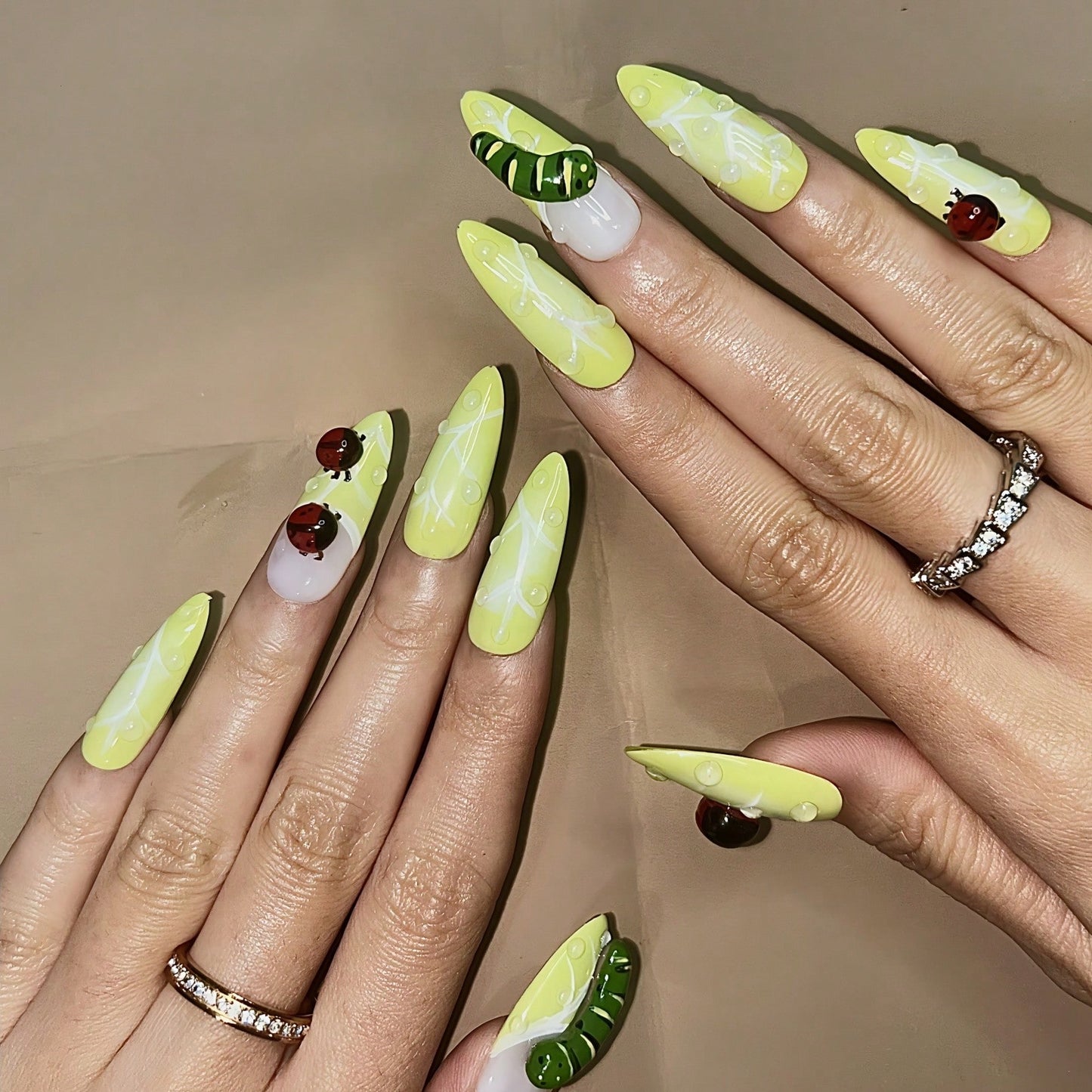 10 Pieces Handmade Press-On Nails – Exquisite Craftsmanship With Raised Flowers, 3D Beetle And Caterpillar Designs, Droplet Shapes, And Textured Lines – Green And White Color Matching – Cute Summer & Autumn Nail Set For Daily Wear, Vacations, Parties, Ban