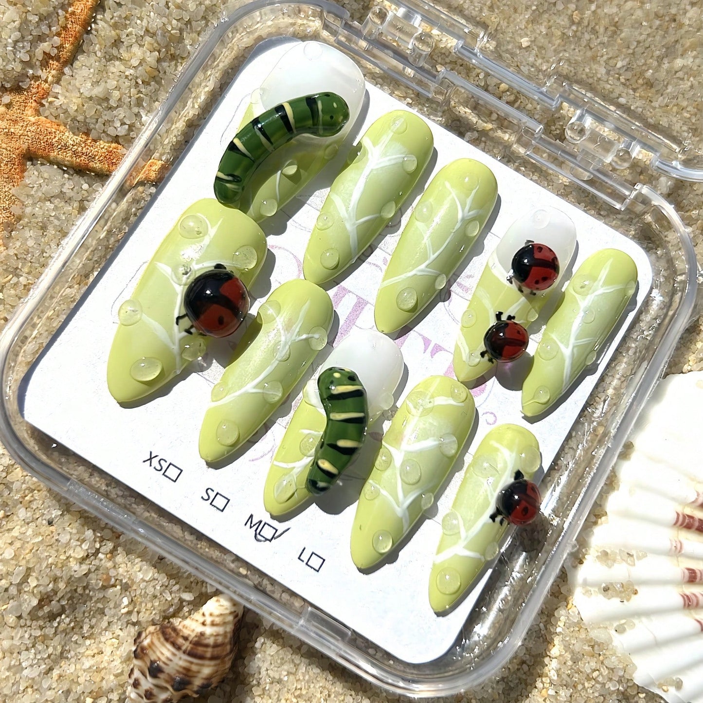 10 Pieces Handmade Press-On Nails – Exquisite Craftsmanship With Raised Flowers, 3D Beetle And Caterpillar Designs, Droplet Shapes, And Textured Lines – Green And White Color Matching – Cute Summer & Autumn Nail Set For Daily Wear, Vacations, Parties, Ban