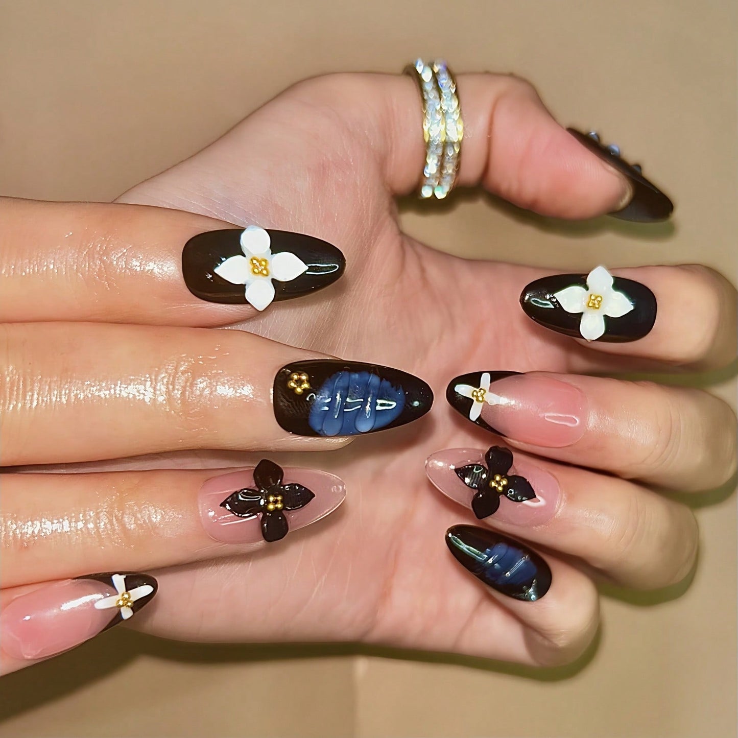 Handmade 3D Flower And Water Ripple Carving French Style Nail Art Design Manual Nails With Marble Gradient And Gold Bead Elements 100% Handmade Press On Nails Almond 10 Pcs Fake Nail Tips Reusable For Holiday And Daily Life Fast Stick Nail Products Nail S