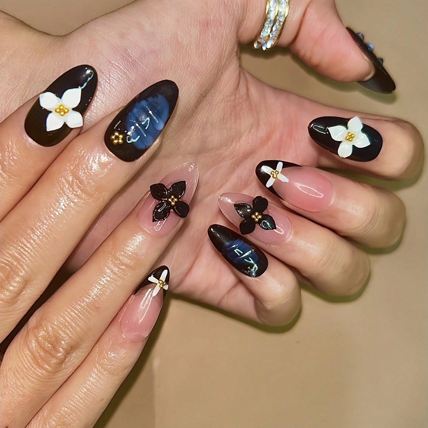 Handmade 3D Flower And Water Ripple Carving French Style Nail Art Design Manual Nails With Marble Gradient And Gold Bead Elements 100% Handmade Press On Nails Almond 10 Pcs Fake Nail Tips Reusable For Holiday And Daily Life Fast Stick Nail Products Nail S