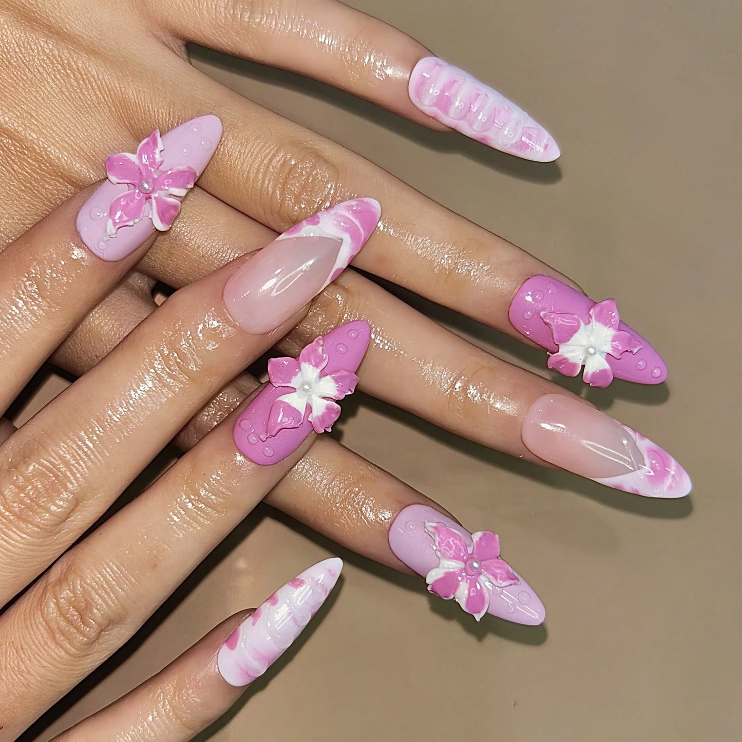 Handmade 3D Flower And Water Ripple Carving French Style Nail Art Design Manual Nails With Pearl And Marble Gradient Elements 100% Handmade Press On Nails Almond 10 Pcs Fake Nail Tips Reusable For Holiday And Daily Life Fast Stick Nail Products Nail Suppl