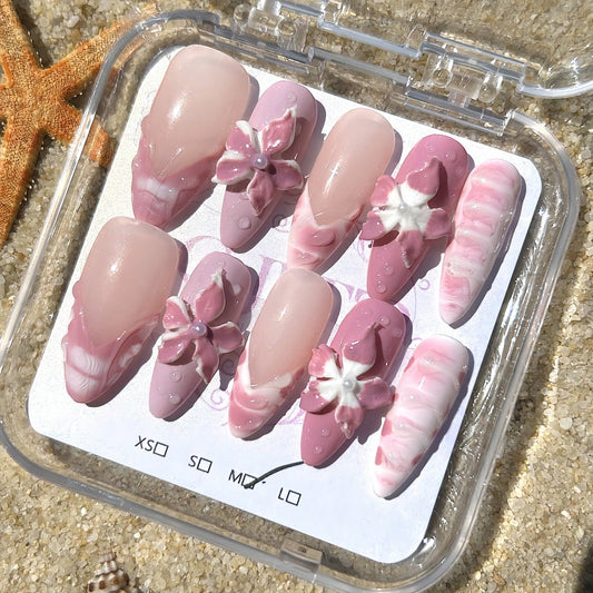 Handmade 3D Flower And Water Ripple Carving French Style Nail Art Design Manual Nails With Pearl And Marble Gradient Elements 100% Handmade Press On Nails Almond 10 Pcs Fake Nail Tips Reusable For Holiday And Daily Life Fast Stick Nail Products Nail Suppl