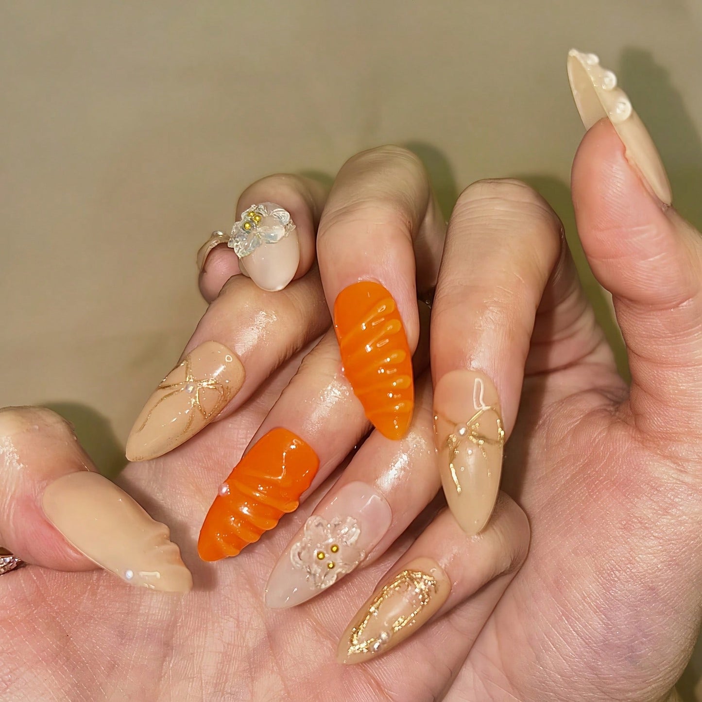 Handmade 3D Flower And Water Ripple Carving French Style Nail Art Design Manual Nails With Gold Bow And Metal Bead Elements 100% Handmade Press On Nails Almond 10 Pcs Fake Nail Tips Reusable For Holiday And Daily Life Fast Stick Nail Products Nail Supplie