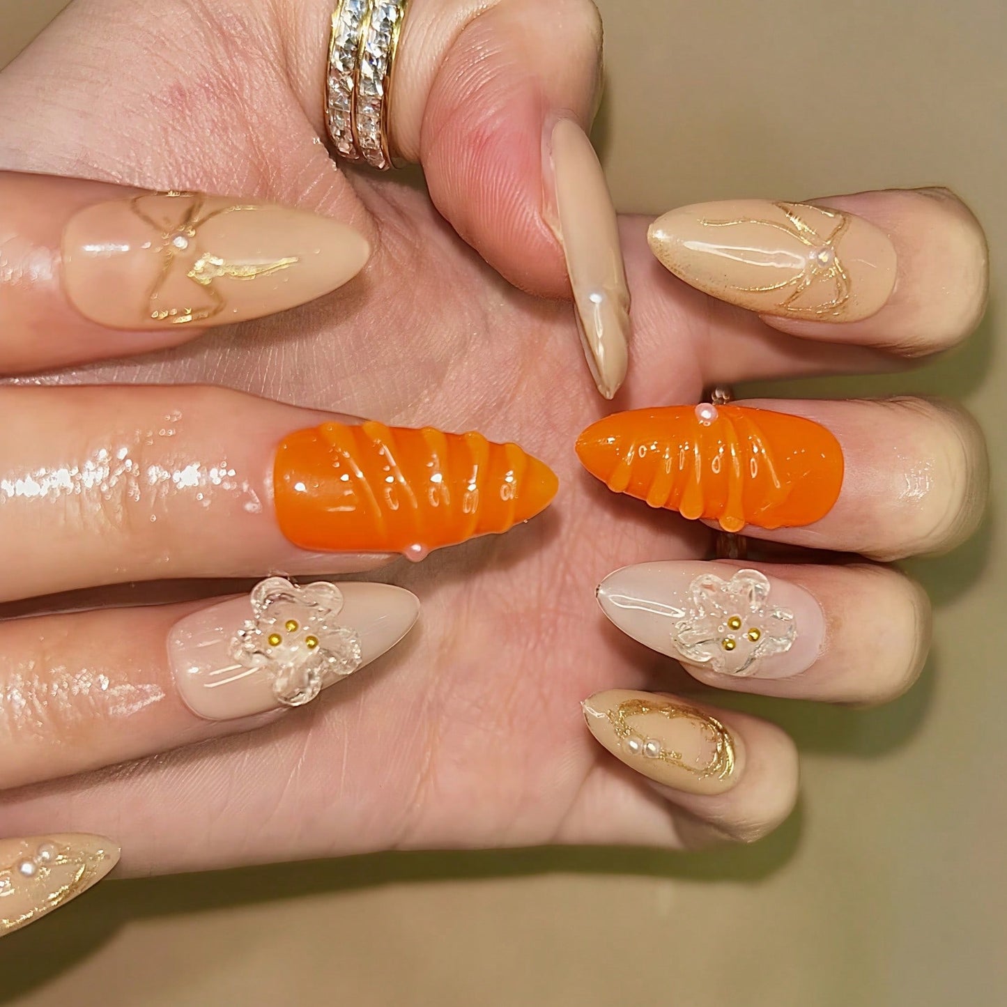 Handmade 3D Flower And Water Ripple Carving French Style Nail Art Design Manual Nails With Gold Bow And Metal Bead Elements 100% Handmade Press On Nails Almond 10 Pcs Fake Nail Tips Reusable For Holiday And Daily Life Fast Stick Nail Products Nail Supplie