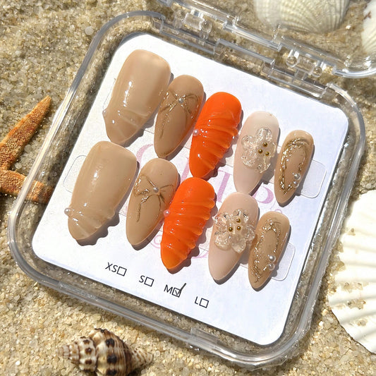 Handmade 3D Flower And Water Ripple Carving French Style Nail Art Design Manual Nails With Gold Bow And Metal Bead Elements 100% Handmade Press On Nails Almond 10 Pcs Fake Nail Tips Reusable For Holiday And Daily Life Fast Stick Nail Products Nail Supplie