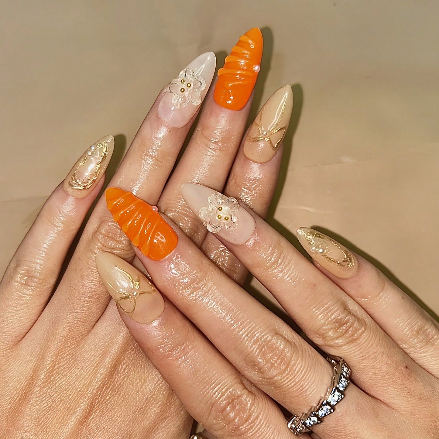 Handmade 3D Flower And Water Ripple Carving French Style Nail Art Design Manual Nails With Gold Bow And Metal Bead Elements 100% Handmade Press On Nails Almond 10 Pcs Fake Nail Tips Reusable For Holiday And Daily Life Fast Stick Nail Products Nail Supplie