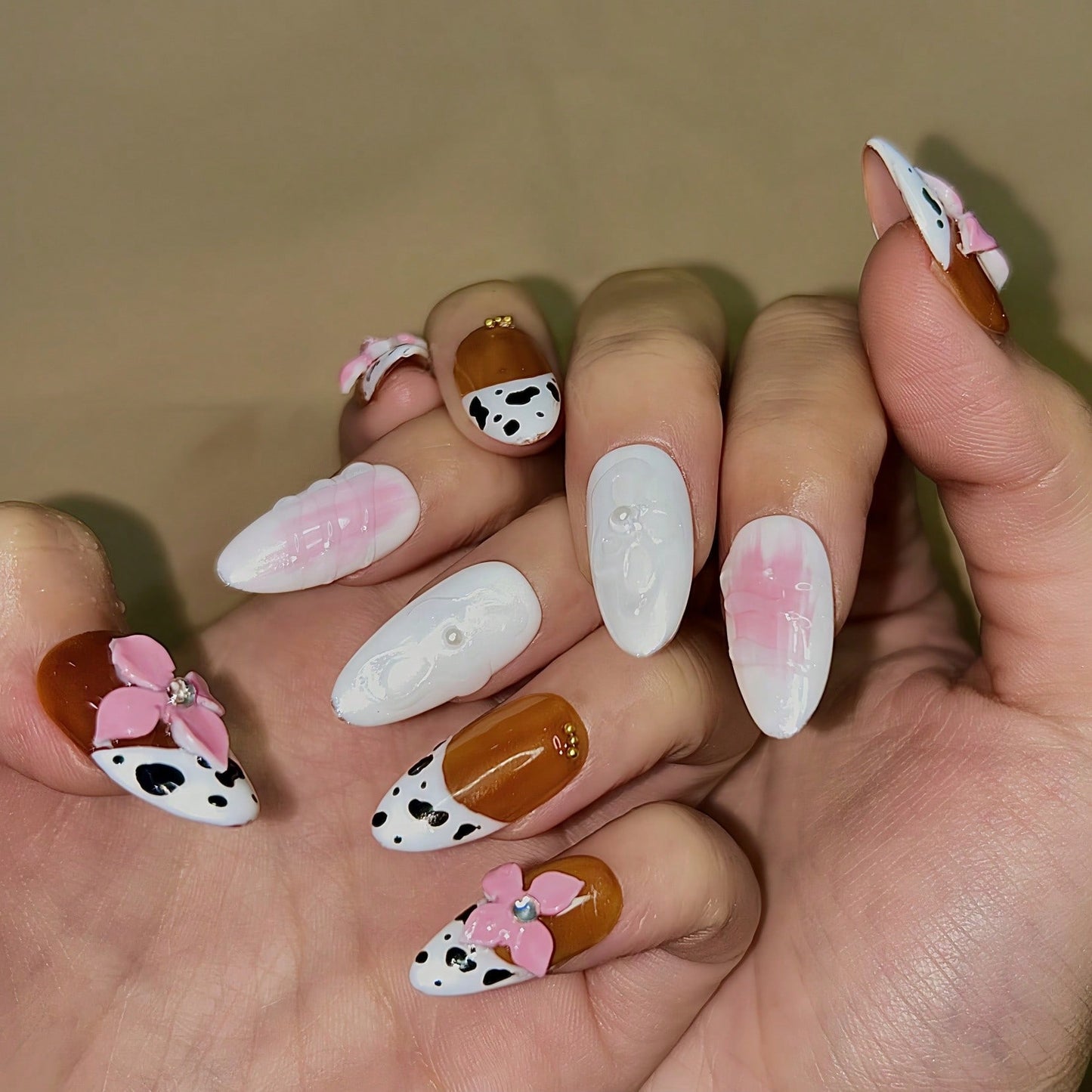 Handmade 3D Flower And Cow Print Elements French Tip Style Nail Art Design Manual Nails With Rhinestone Decoration 100% Handmade Press On Nails Almond 10 Pcs Fake Nail Tips Reusable For Holiday And Daily Life Fast Stick Nail Products Nail Supplies Nails