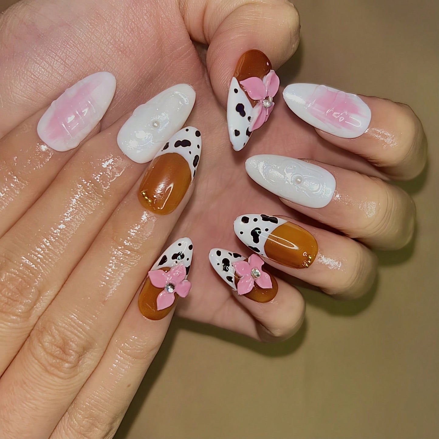 Handmade 3D Flower And Cow Print Elements French Tip Style Nail Art Design Manual Nails With Rhinestone Decoration 100% Handmade Press On Nails Almond 10 Pcs Fake Nail Tips Reusable For Holiday And Daily Life Fast Stick Nail Products Nail Supplies Nails