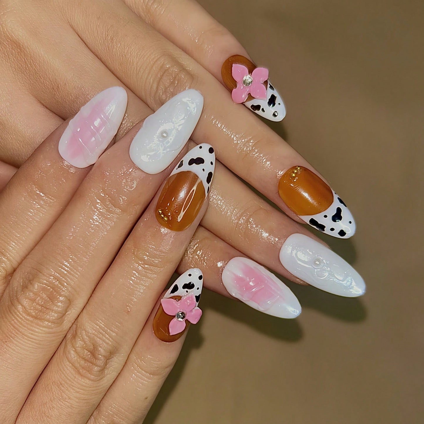 Handmade 3D Flower And Cow Print Elements French Tip Style Nail Art Design Manual Nails With Rhinestone Decoration 100% Handmade Press On Nails Almond 10 Pcs Fake Nail Tips Reusable For Holiday And Daily Life Fast Stick Nail Products Nail Supplies Nails