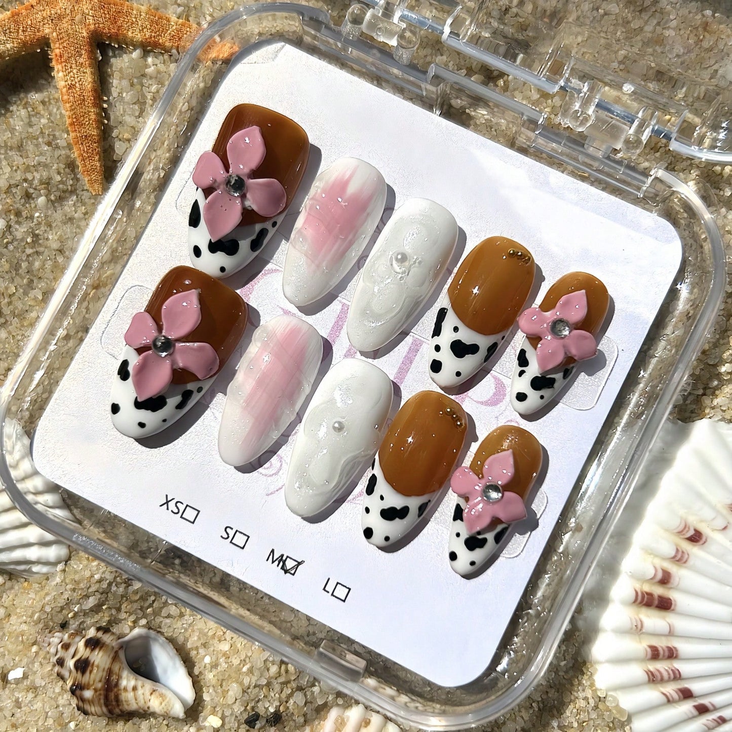 Handmade 3D Flower And Cow Print Elements French Tip Style Nail Art Design Manual Nails With Rhinestone Decoration 100% Handmade Press On Nails Almond 10 Pcs Fake Nail Tips Reusable For Holiday And Daily Life Fast Stick Nail Products Nail Supplies Nails