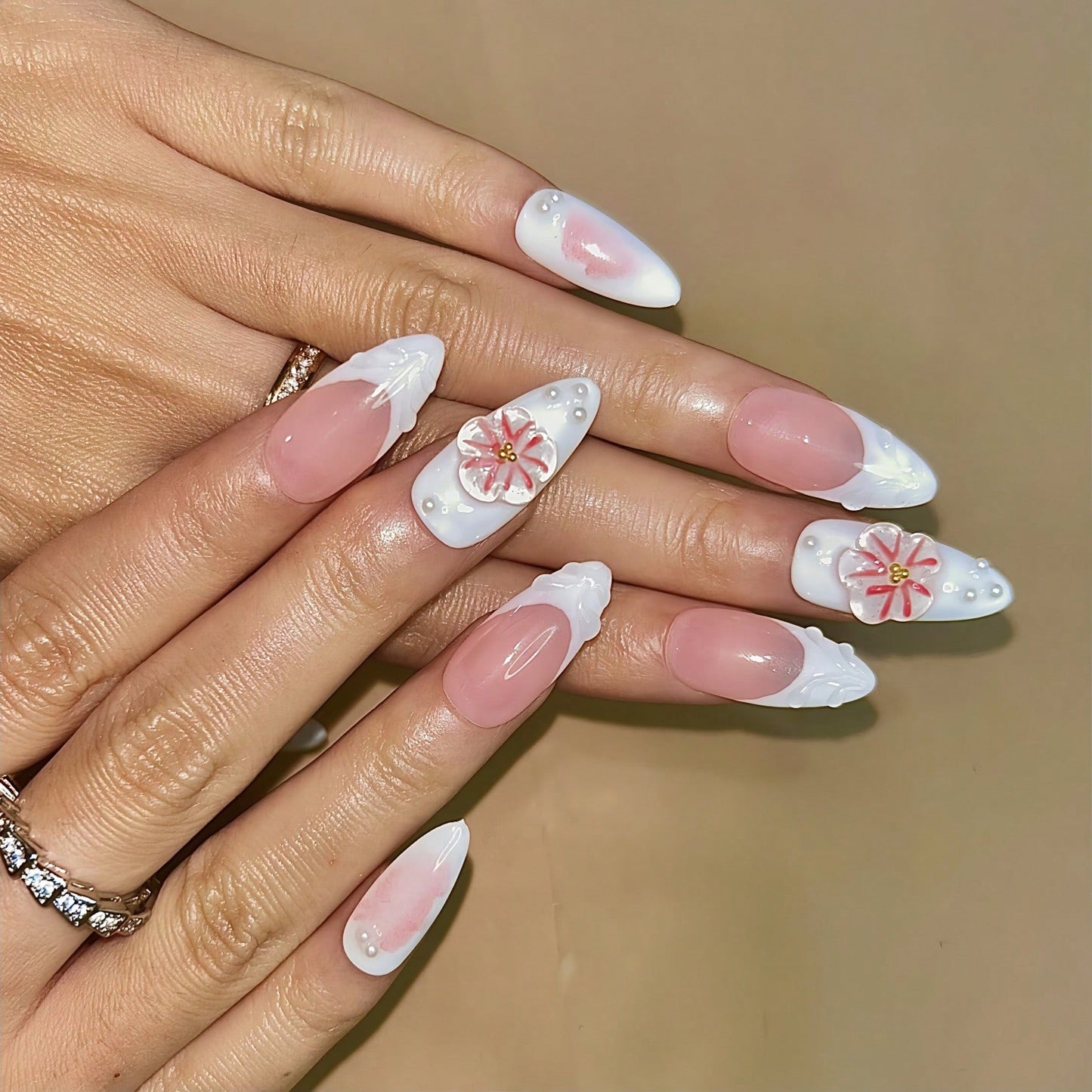 Handmade 3D Flower And Water Ripple Carving Elements French Tip Style Nail Art Design Manual Nails With Pearl Decoration 100% Handmade Press On Nails Almond 10 Pcs Fake Nail Tips Reusable For Holiday And Daily Life Fast Stick Nail Products Nail Supplies N