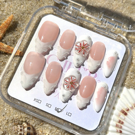 Handmade 3D Flower And Water Ripple Carving Elements French Tip Style Nail Art Design Manual Nails With Pearl Decoration 100% Handmade Press On Nails Almond 10 Pcs Fake Nail Tips Reusable For Holiday And Daily Life Fast Stick Nail Products Nail Supplies N