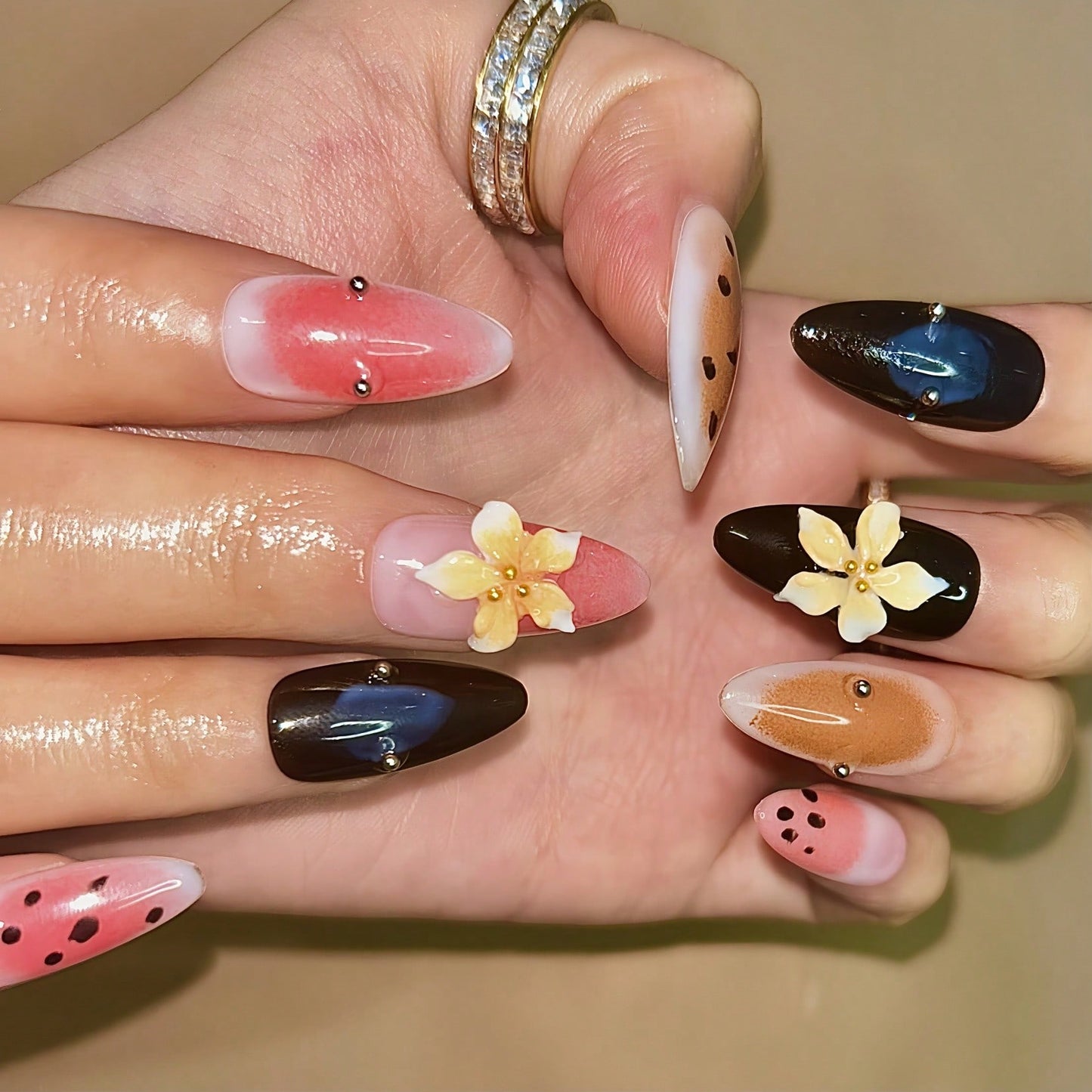 Handmade 3D Flower And Dragon Fruit Elements French Tip Gradient Style Nail Art Design Manual Nails With Pearl Decoration 100% Handmade Press On Nails Almond 10 Pcs Fake Nail Tips Reusable For Holiday And Daily Life Fast Stick Nail Products Nail Supplies