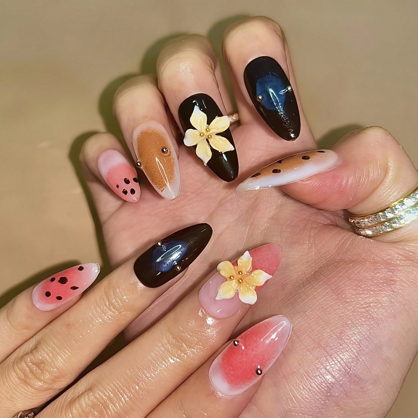 Handmade 3D Flower And Dragon Fruit Elements French Tip Gradient Style Nail Art Design Manual Nails With Pearl Decoration 100% Handmade Press On Nails Almond 10 Pcs Fake Nail Tips Reusable For Holiday And Daily Life Fast Stick Nail Products Nail Supplies