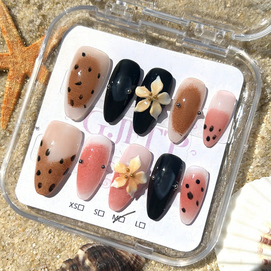 Handmade 3D Flower And Dragon Fruit Elements French Tip Gradient Style Nail Art Design Manual Nails With Pearl Decoration 100% Handmade Press On Nails Almond 10 Pcs Fake Nail Tips Reusable For Holiday And Daily Life Fast Stick Nail Products Nail Supplies