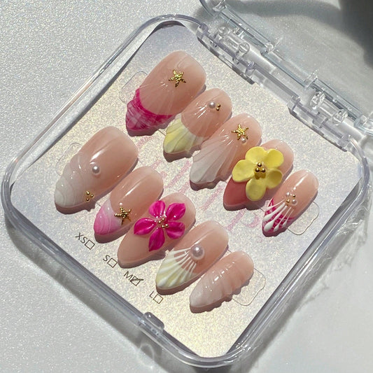 Handmade 3D Flower And Dragon Fruit Elements French Tip Gradient Style Nail Art Design Manual Nails With Pearl Decoration 100% Handmade Press On Nails Almond 10 Pcs Fake Nail Tips Reusable For Holiday And Daily Life Fast Stick Nail Products Nail Supplies