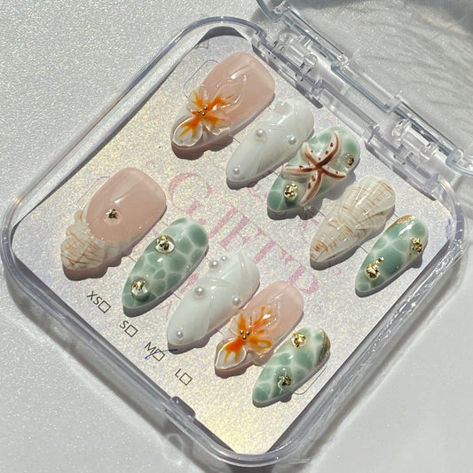 Handmade 3D Flower And Water Ripple Carving Elements French Tip Gradient Style Nail Art Design Manual Nails With Pearl And Starfish Decorations 100% Handmade Press On Nails Almond 10 Pcs Fake Nail Tips Reusable For Holiday And Daily Life Fast Stick Nail P