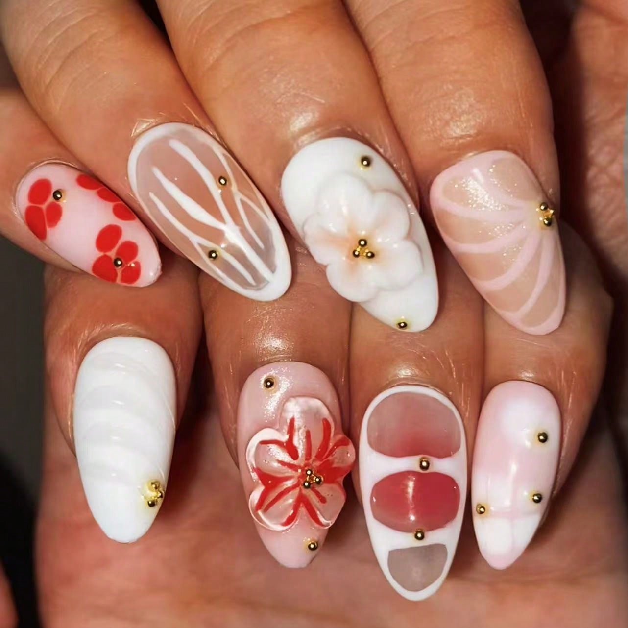 Handmade 3D Flower And Water Ripple Carving Elements French Tip Gradient Style Nail Art Design Manual Nails With Pearl, Starfish, And Gold Bead Decorations 100% Handmade Press On Nails Almond 10 Pcs Fake Nail Tips Reusable For Holiday And Daily Life Fast
