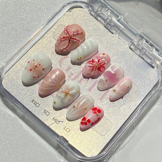 Handmade 3D Flower And Water Ripple Carving Elements French Tip Gradient Style Nail Art Design Manual Nails With Pearl, Starfish, And Gold Bead Decorations 100% Handmade Press On Nails Almond 10 Pcs Fake Nail Tips Reusable For Holiday And Daily Life Fast