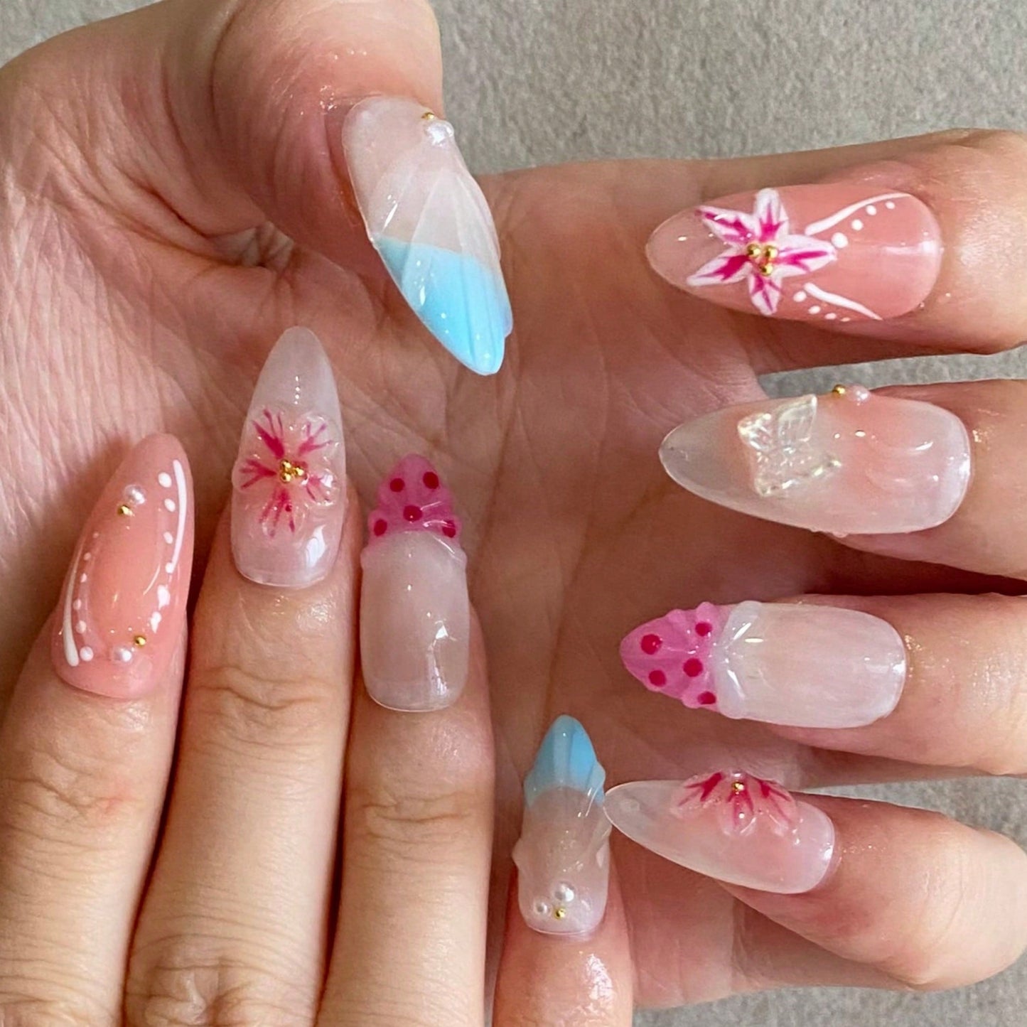 Handmade 3D Flower And Water Ripple Carving Elements French Tip Gradient Style Nail Art Design Manual Nails With Pearl, Butterfly, And Gold Bead Decorations 100% Handmade Press On Nails Almond 10 Pcs Fake Nail Tips Reusable For Holiday And Daily Life Fast