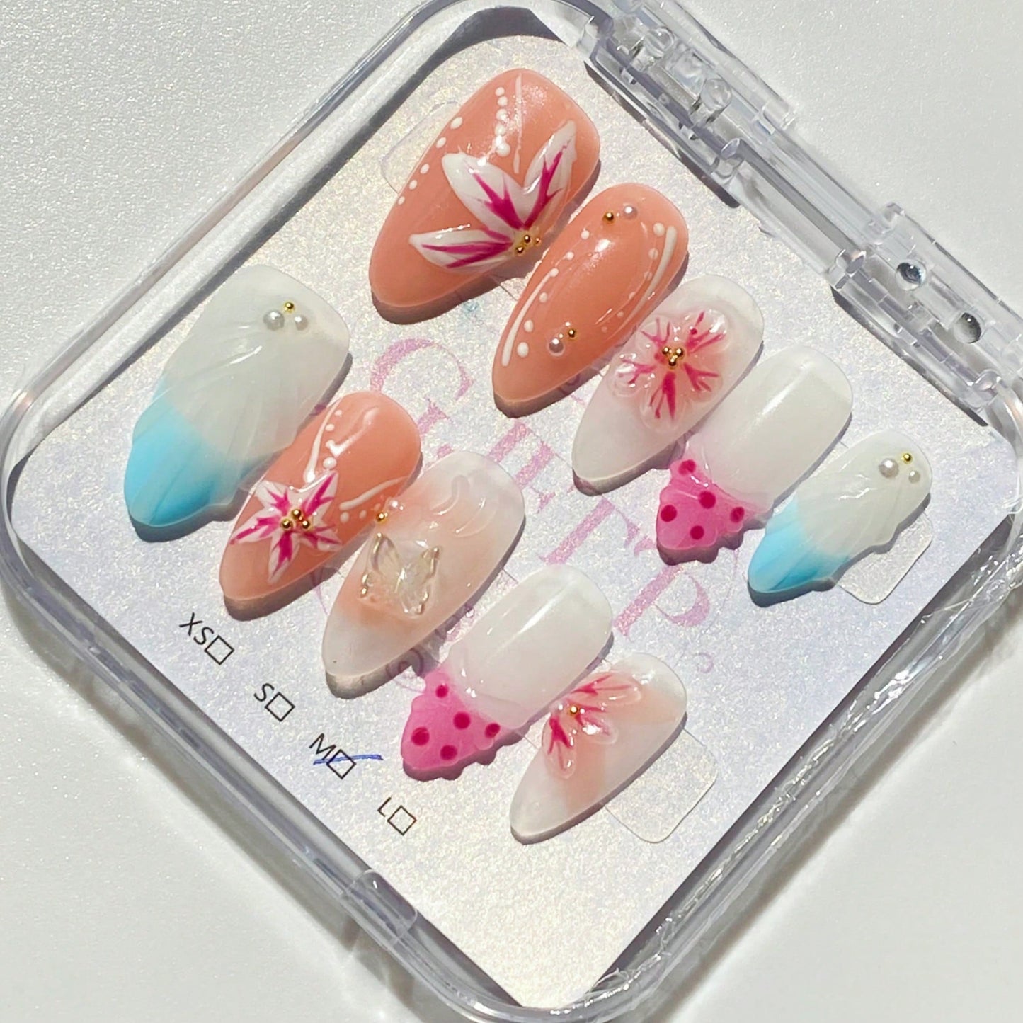 Handmade 3D Flower And Water Ripple Carving Elements French Tip Gradient Style Nail Art Design Manual Nails With Pearl, Butterfly, And Gold Bead Decorations 100% Handmade Press On Nails Almond 10 Pcs Fake Nail Tips Reusable For Holiday And Daily Life Fast