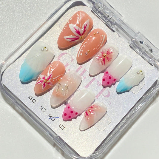 Handmade 3D Flower And Water Ripple Carving Elements French Tip Gradient Style Nail Art Design Manual Nails With Pearl, Butterfly, And Gold Bead Decorations 100% Handmade Press On Nails Almond 10 Pcs Fake Nail Tips Reusable For Holiday And Daily Life Fast