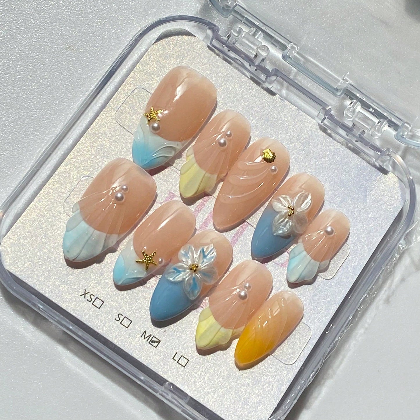 Handmade 3D Flower And Water Ripple Carving Elements French Tip Gradient Style Nail Art Design Manual Nails With Pearl, French Tip, And Gold Bead Decorations 100% Handmade Press On Nails Almond 10 Pcs Fake Nail Tips Reusable For Holiday And Daily Life Fas