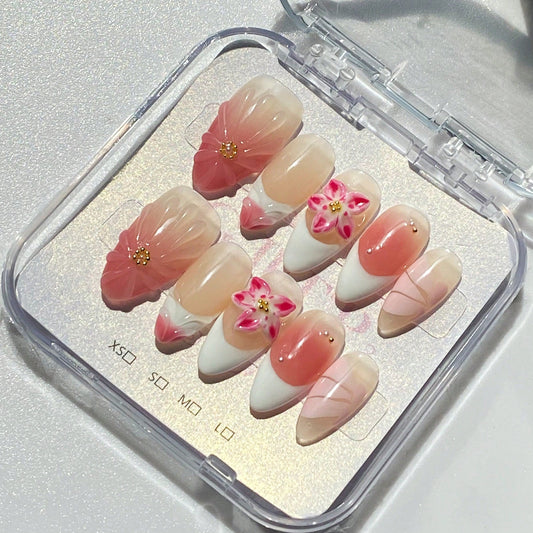 Handmade 3D Flower And Blush Gradient Elements French Tip Style Nail Art Design Manual Nails With Pearl, French Tip, And Gold Bead Decorations 100% Handmade Press On Nails Almond 10 Pcs Fake Nail Tips Reusable For Holiday And Daily Life Fast Stick Nail Pr