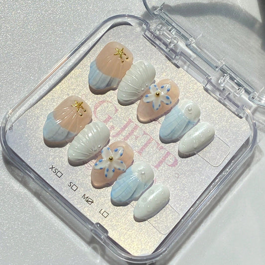 Handmade 3D Flower With Shell And Water Ripple Carving Elements French Tip Gradient Style Nail Art Design Manual Nails With Pearl, French Tip, And Gold Bead Decorations 100% Handmade Press On Nails Almond 10 Pcs Fake Nail Tips Reusable For Holiday And Dai