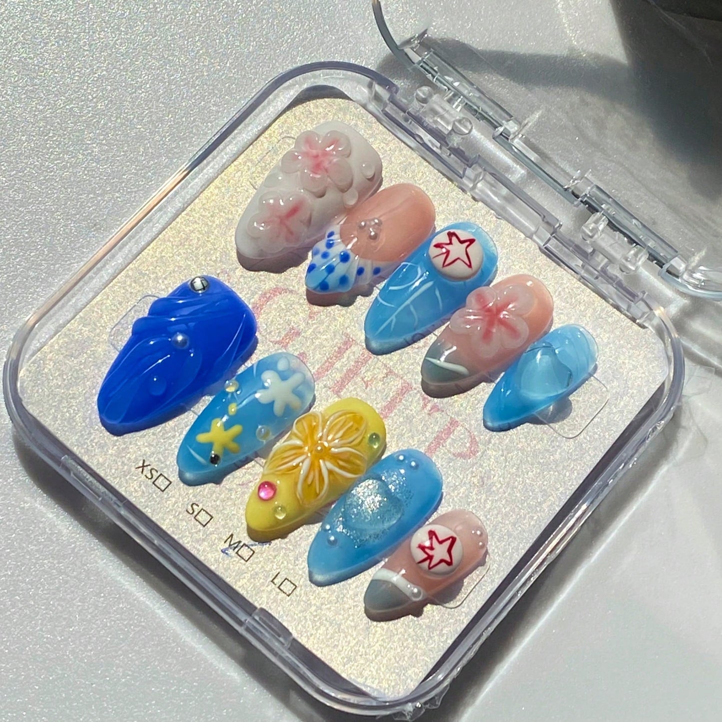 Handmade 3D Flower With Shell And Water Ripple Carving Elements French Tip Gradient Style Nail Art Design Manual Nails With Pearl, French Tip, And Starfish Decorations 100% Handmade Press On Nails Almond 10 Pcs Fake Nail Tips Reusable For Holiday And Dail
