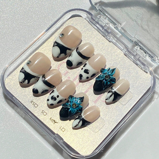 Handmade 3D Flower And Line Design Elements French Tip Gradient Style Nail Art Design Manual Nails With Rhinestone And French Tip Decorations 100% Handmade Press On Nails Almond 10 Pcs Fake Nail Tips Reusable For Holiday And Daily Life Fast Stick Nail Pro