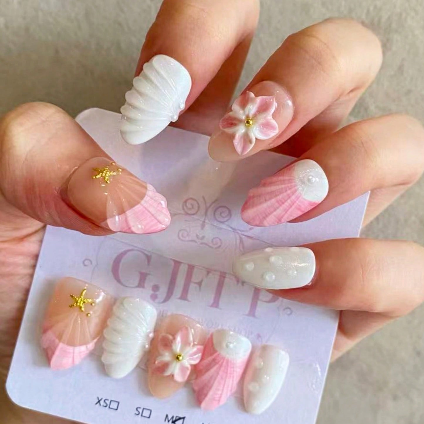 Handmade 3D Flower And Shell Elements French Tip Gradient Style Nail Art Design Manual Nails With Pearl, Water Ripple Carving, And Gold Bead Decorations 100% Handmade Press On Nails Almond 10 Pcs Fake Nail Tips Reusable For Holiday And Daily Life Fast Sti