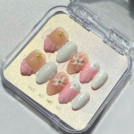 Handmade 3D Flower And Shell Elements French Tip Gradient Style Nail Art Design Manual Nails With Pearl, Water Ripple Carving, And Gold Bead Decorations 100% Handmade Press On Nails Almond 10 Pcs Fake Nail Tips Reusable For Holiday And Daily Life Fast Sti