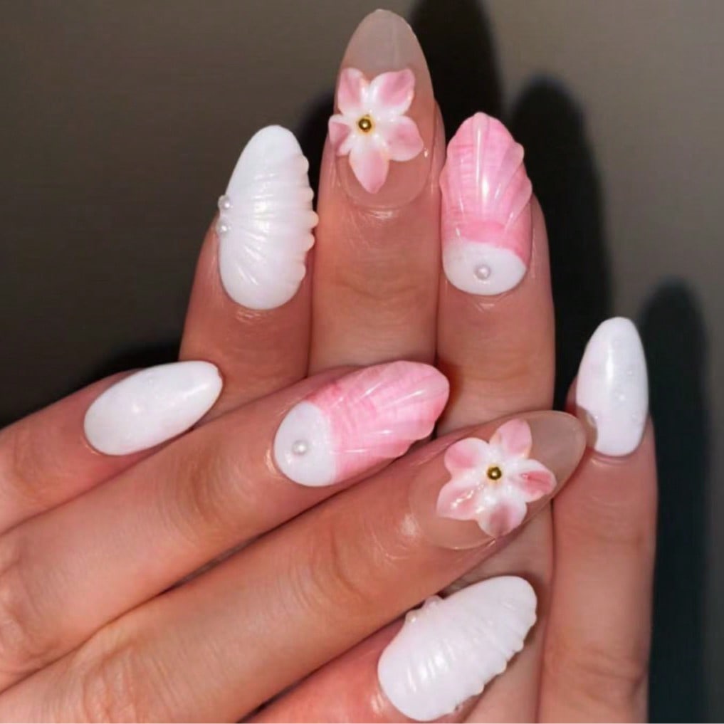 Handmade 3D Flower And Shell Elements French Tip Gradient Style Nail Art Design Manual Nails With Pearl, Water Ripple Carving, And Gold Bead Decorations 100% Handmade Press On Nails Almond 10 Pcs Fake Nail Tips Reusable For Holiday And Daily Life Fast Sti